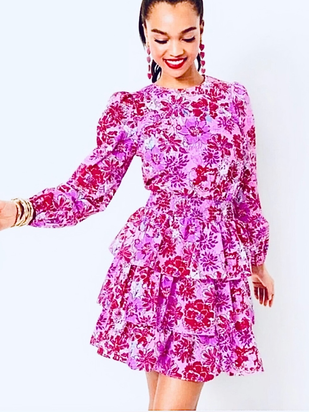 Lilly Pulitzer Khloey Smocked A-Line Ruffle Long bell sleeves Cotton Dress sz 4